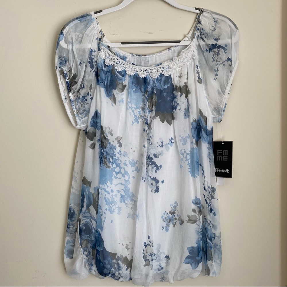 Femme blue and white floral silk blouse